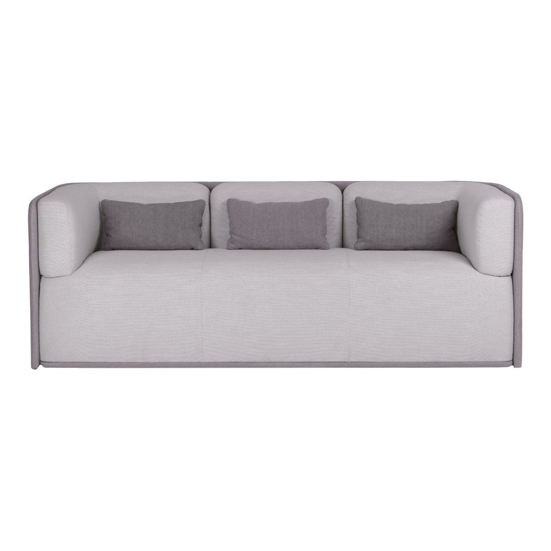 Light gray sofa with contrasting dark gray cushions, featuring a minimalist design and clean lines.
