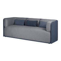 Gray and blue upholstered sofa with three cushions, featuring a sleek, modern design and subtle texture.