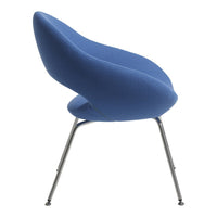Modern blue chair with smooth curves and sleek chrome legs, perfect for contemporary decor.