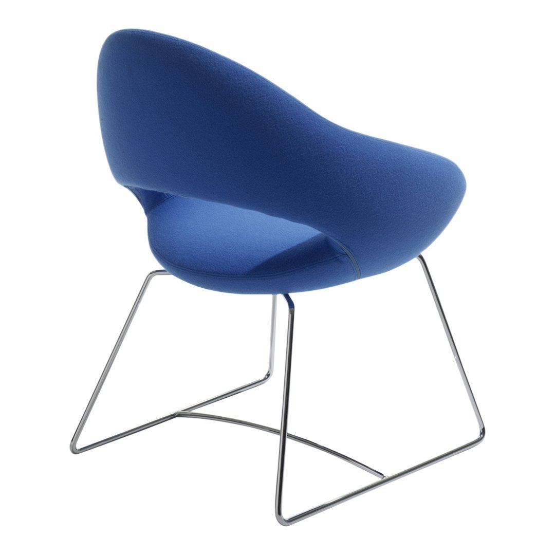 Modern blue upholstered chair with a sleek design and minimalist chrome legs. Perfect for stylish seating.