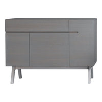 Gray wooden sideboard with a minimalist design and sleek silver handles, featuring a smooth, matte finish.