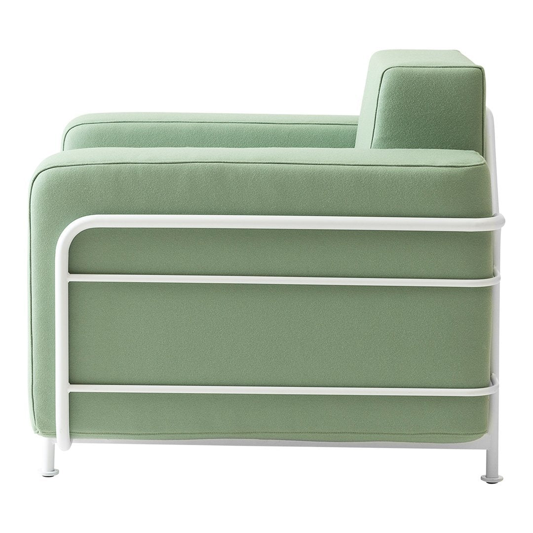 Mint green sofa with a sleek white metal frame, featuring a minimalist and modern design. Perfect for contemporary decor.