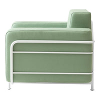 Mint green sofa with a sleek white metal frame, featuring a minimalist and modern design. Perfect for contemporary decor.
