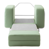 Green sofa bed with light gray mattress section and white frame, featuring a modern, minimalist design.