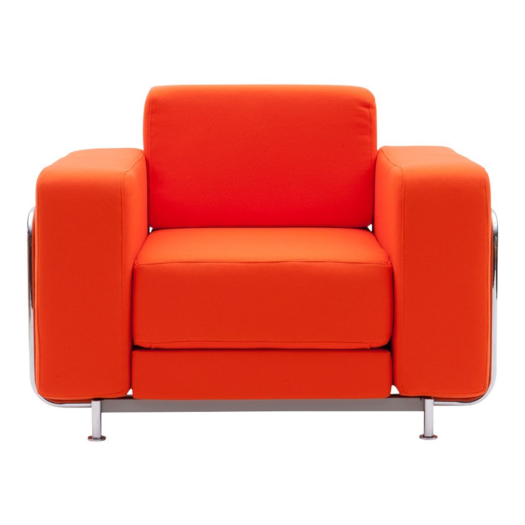 Vibrant orange upholstered chair with sleek chrome legs and a minimalist design. Perfect for modern decor.
