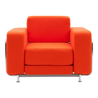 Vibrant orange upholstered chair with sleek chrome legs and a minimalist design. Perfect for modern decor.