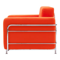 Modern orange upholstered armchair with sleek chrome frame, showcasing a minimalist design and bold color.