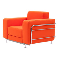 Bright orange modern armchair with sleek chrome accents, featuring a minimalist design and plush cushions.