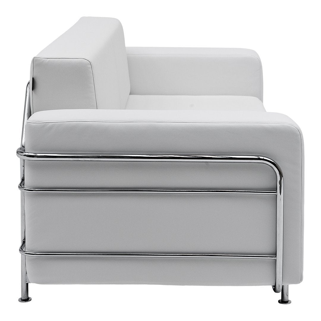 White modern sofa with sleek chrome accents and minimalist design, featuring smooth, clean lines and a contemporary aesthetic.