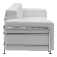 White modern sofa with sleek chrome accents and minimalist design, featuring smooth, clean lines and a contemporary aesthetic.