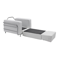 Modern white sofa bed with sleek lines and a contrasting black mattress, featuring a minimalist design.