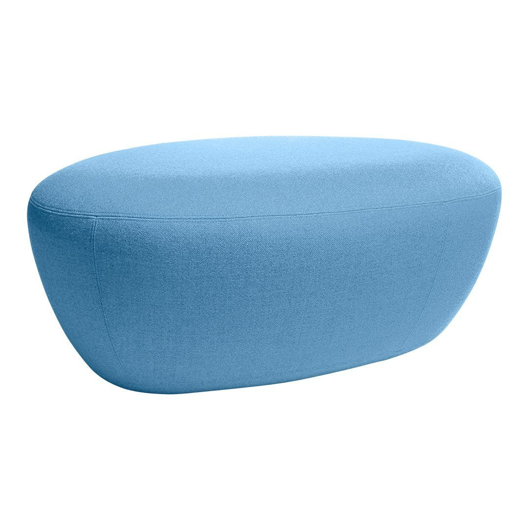 Blue upholstered ottoman with a smooth, contemporary shape and textured fabric. Perfect for modern decor.