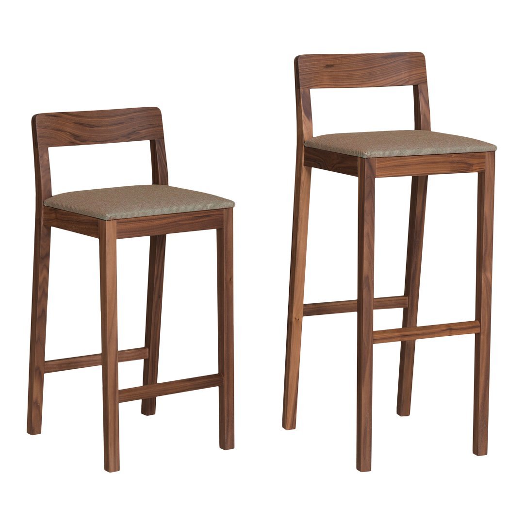 Set of two wooden bar stools in rich brown with natural fabric seat cushions, featuring a sleek, minimalist design.
