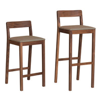 Set of two wooden bar stools in rich brown with natural fabric seat cushions, featuring a sleek, minimalist design.