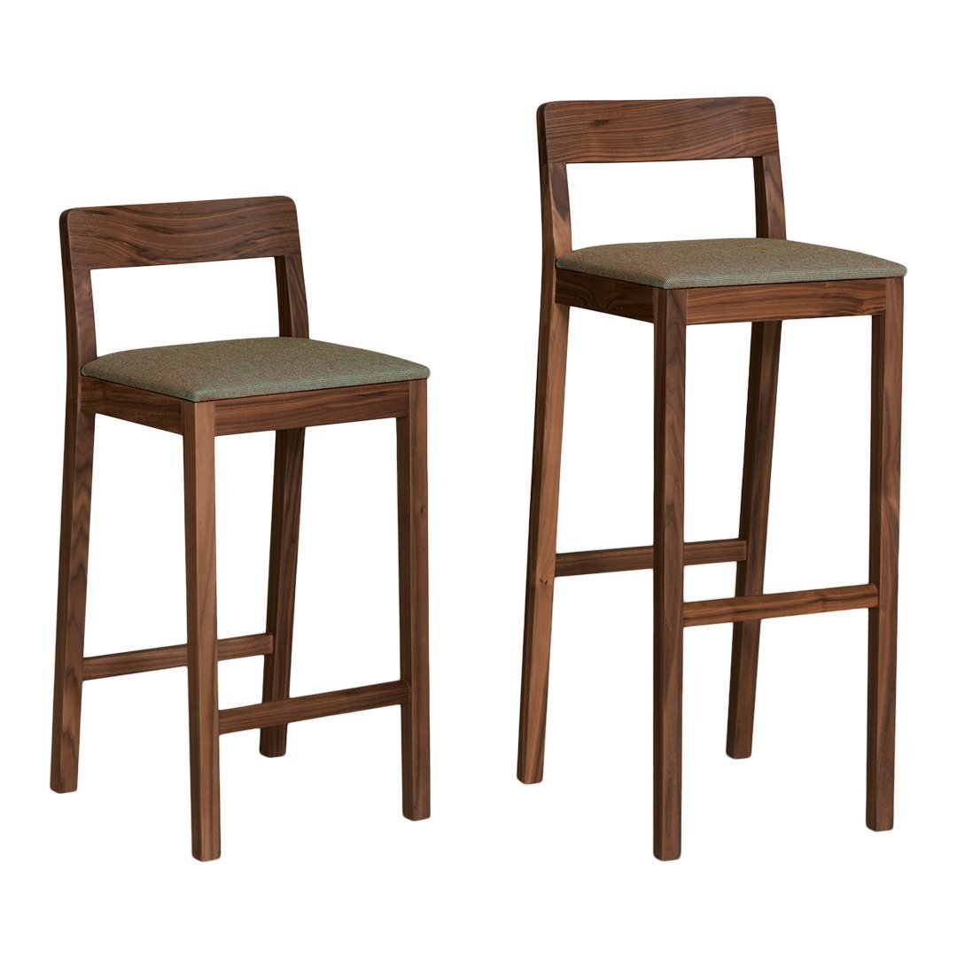 "Set of two wooden barstools with a rich walnut finish and simple, elegant upholstery in a muted green hue."