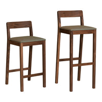 "Set of two wooden barstools with a rich walnut finish and simple, elegant upholstery in a muted green hue."