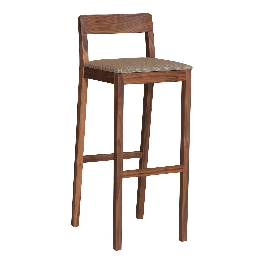 Natural wood bar stool with a light beige upholstered seat, showcasing a sleek, minimalist design.