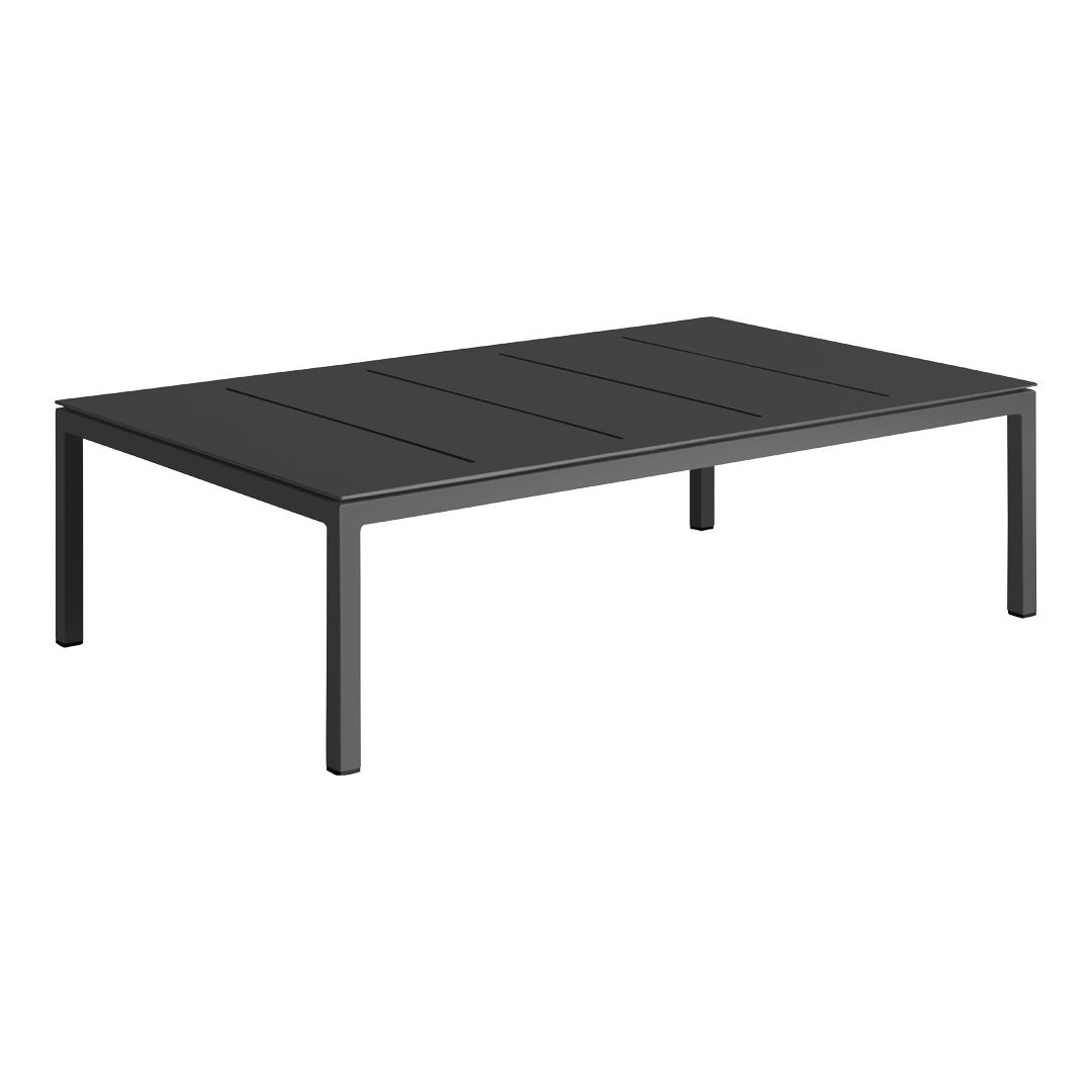 Sleek black rectangular coffee table with smooth surface and minimalist design.