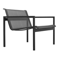 Stylish black metal chair with a sleek, minimalist design and a mesh seat, perfect for modern decor.