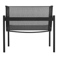 Black mesh lounge chair with sleek geometric frame and modern minimalist design. Ideal for contemporary decor.