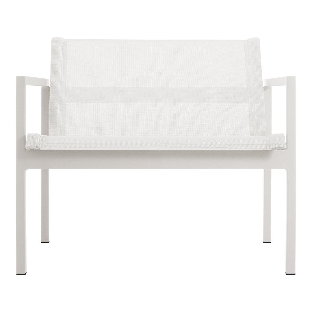White minimalist two-seat bench with a sleek design and clean lines, perfect for modern outdoor spaces.