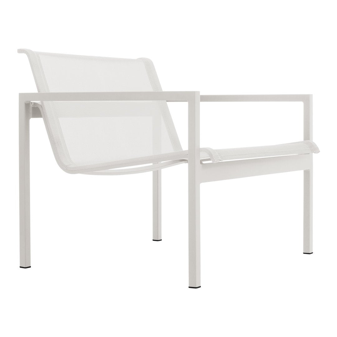 White modern chair with a sleek, minimalist design and mesh seat pattern, perfect for contemporary spaces.