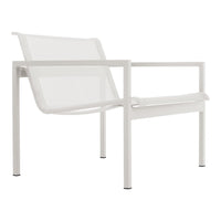 White modern chair with a sleek, minimalist design and mesh seat pattern, perfect for contemporary spaces.
