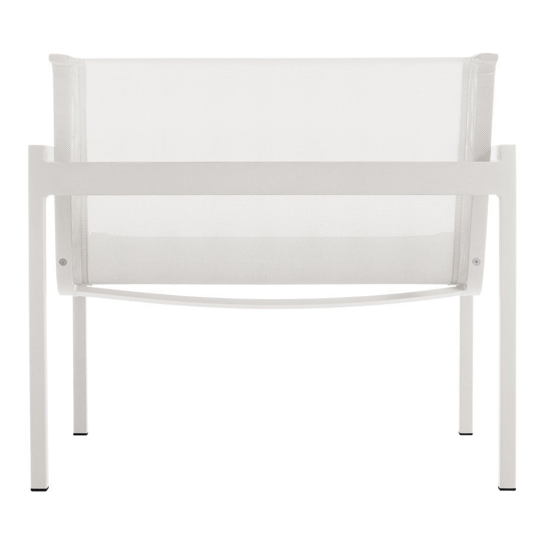 White mesh chair with a minimalist design, featuring a simple pattern and sleek lines for modern decor.