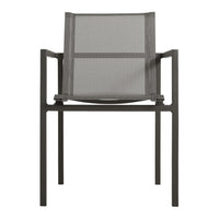 Gray mesh chair with sleek black metal frame, featuring a minimalist design and contemporary aesthetic.