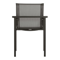 Modern black mesh chair with a sleek frame, featuring a minimalist design and textured fabric pattern.