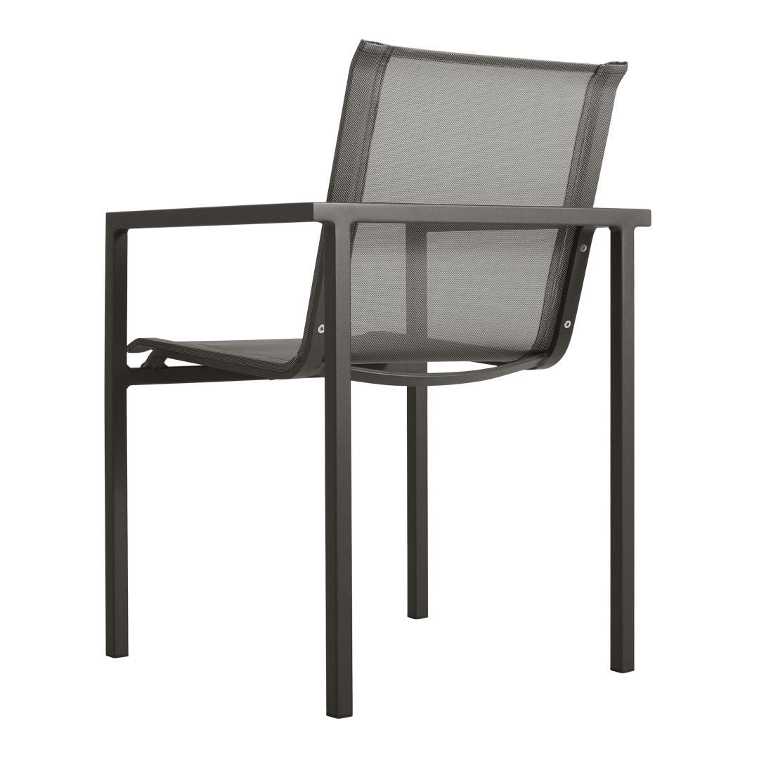 "Modern black mesh outdoor chair with sleek lines and a minimalistic design."
