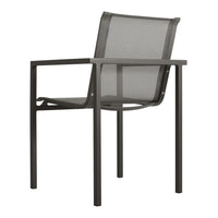 "Modern black mesh outdoor chair with sleek lines and a minimalistic design."