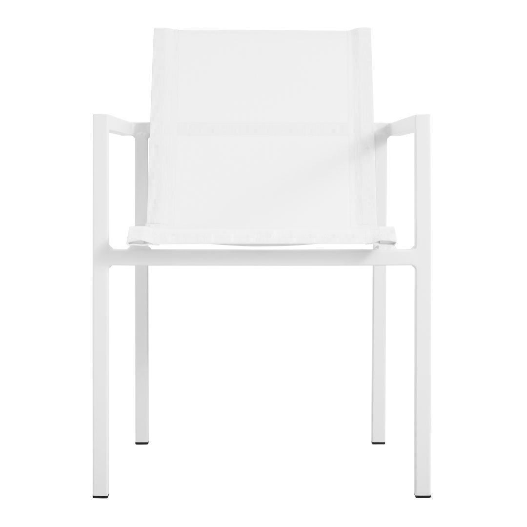 Minimalist white chair with a sleek design and clean lines, perfect for modern indoor or outdoor settings.