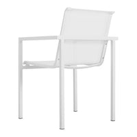 White outdoor chair with a minimalist design and transparent mesh seat. Clean lines and modern aesthetic.