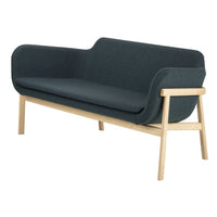 Gray upholstered sofa with a minimalist design and natural wood legs, perfect for modern decor.