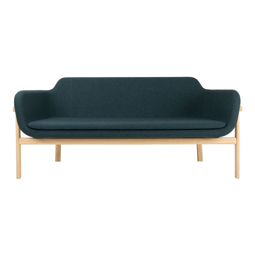 Dark teal upholstered sofa with minimalist design and natural wood legs. Modern and versatile for any living space.