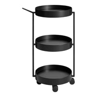 Three-tiered rolling cart in sleek matte black with circular trays and minimalist design. Perfect for modern spaces.
