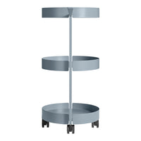 Blue metal rolling cart with three circular shelves, perfect for storage and organization.