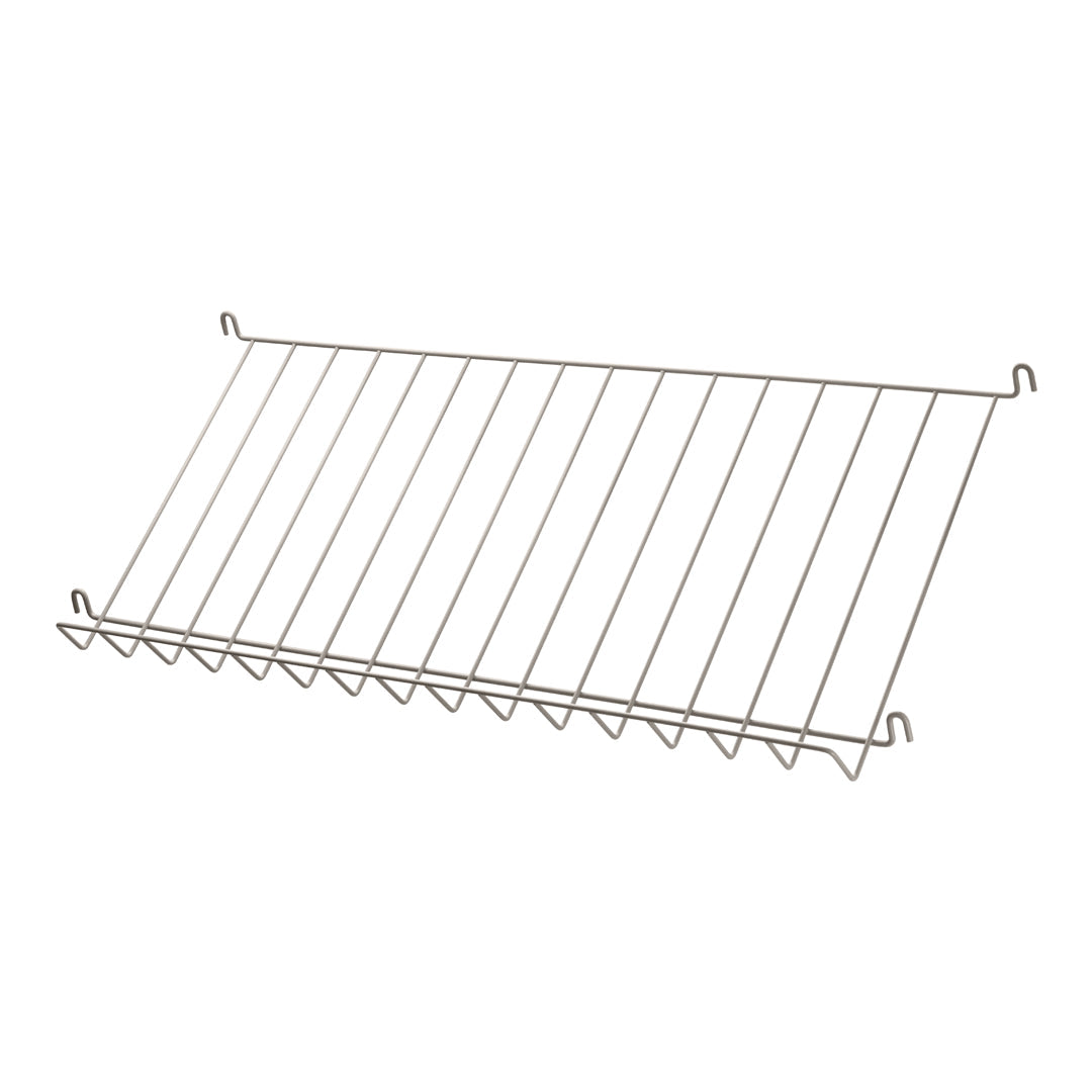 Silver wire rack with evenly spaced horizontal bars and curved hooks for versatile hanging and storage solutions.