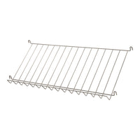 Silver wire rack with evenly spaced horizontal bars and curved hooks for versatile hanging and storage solutions.