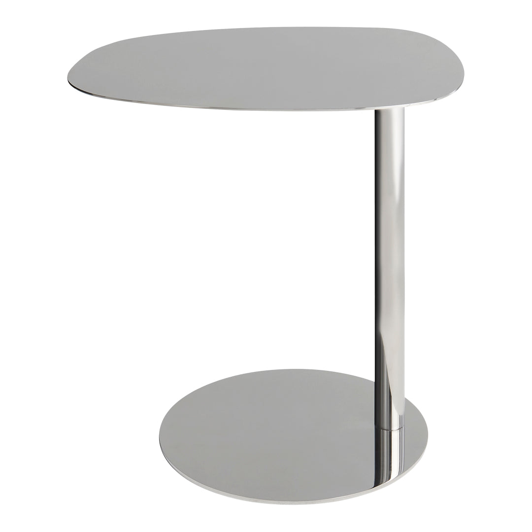 Sleek chrome side table with a smooth, reflective surface and modern, minimalist design. Perfect for contemporary decor.