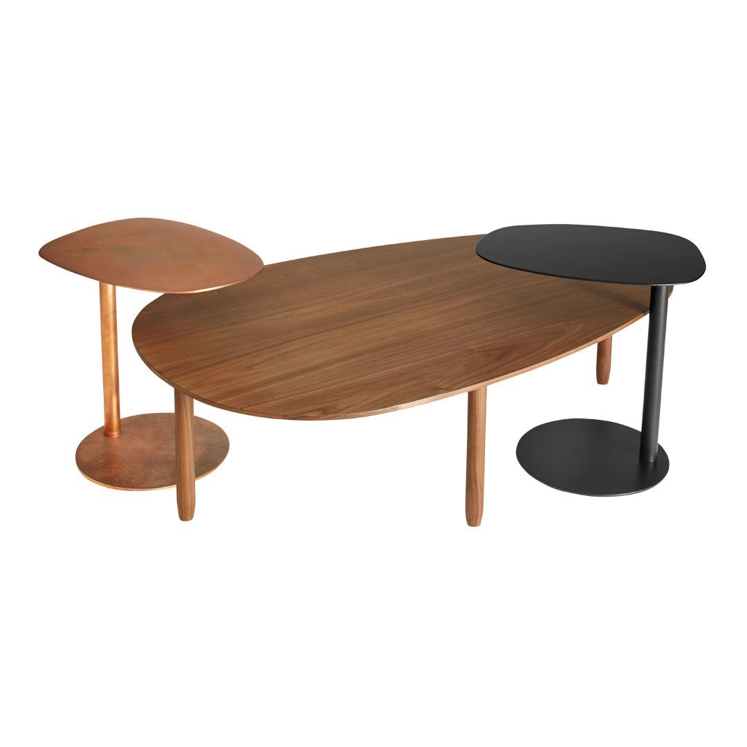 Modern coffee table set featuring a walnut finish, black metal accents, and a copper side table. Sleek, contemporary design.