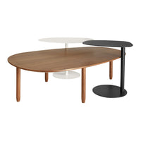Modern coffee tables featuring a walnut finish, sleek white, and matte black. Stylish, minimalistic shapes.