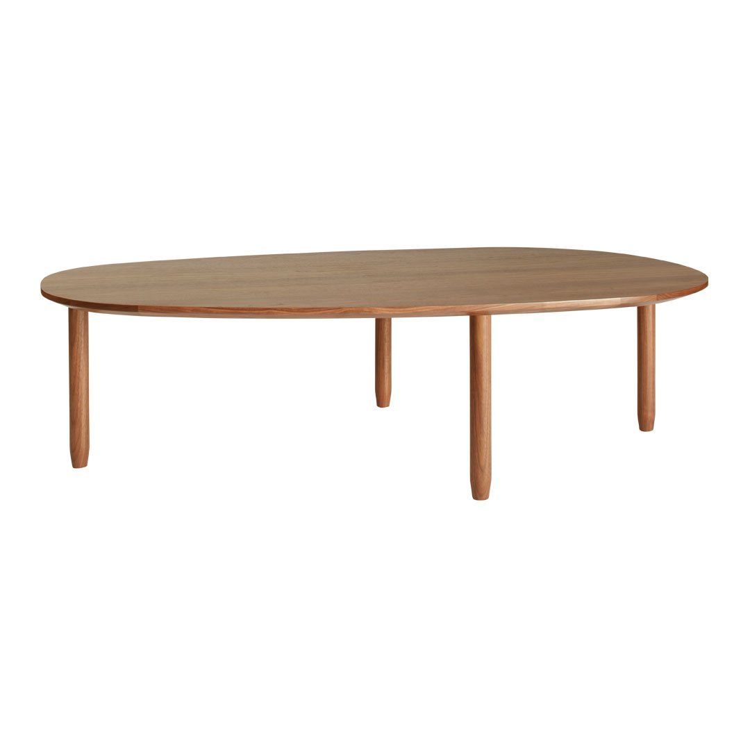 Light brown oval coffee table with wooden legs and a smooth, natural finish, perfect for a modern aesthetic.
