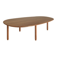 Brown oval wooden coffee table with a smooth surface and tapered legs. Perfect for modern interiors.