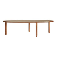 Natural wood oval dining table with a smooth light brown finish and sleek wooden legs. Ideal for modern interiors.