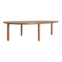 Natural wood oval table in warm brown tones with a smooth finish and simple, minimalist design.