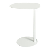 White modern side table with a sleek, oval top and circular base, featuring a minimalistic design.