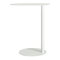 Modern white side table with a sleek round top and minimalist design, featuring a smooth finish. Perfect for any decor.