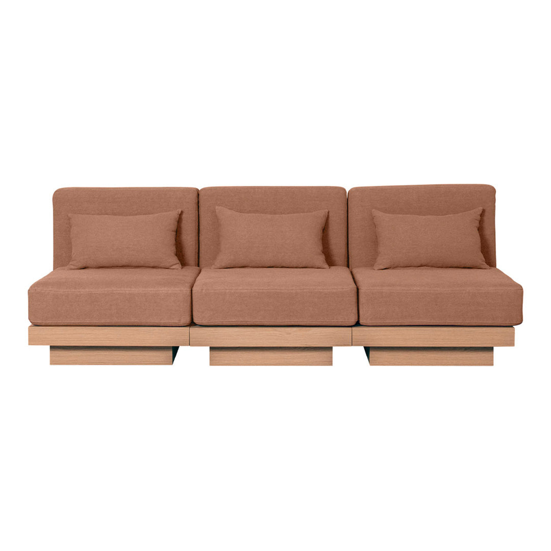 Modern three-seater sofa in warm brown upholstery with a smooth texture and minimalist design.
